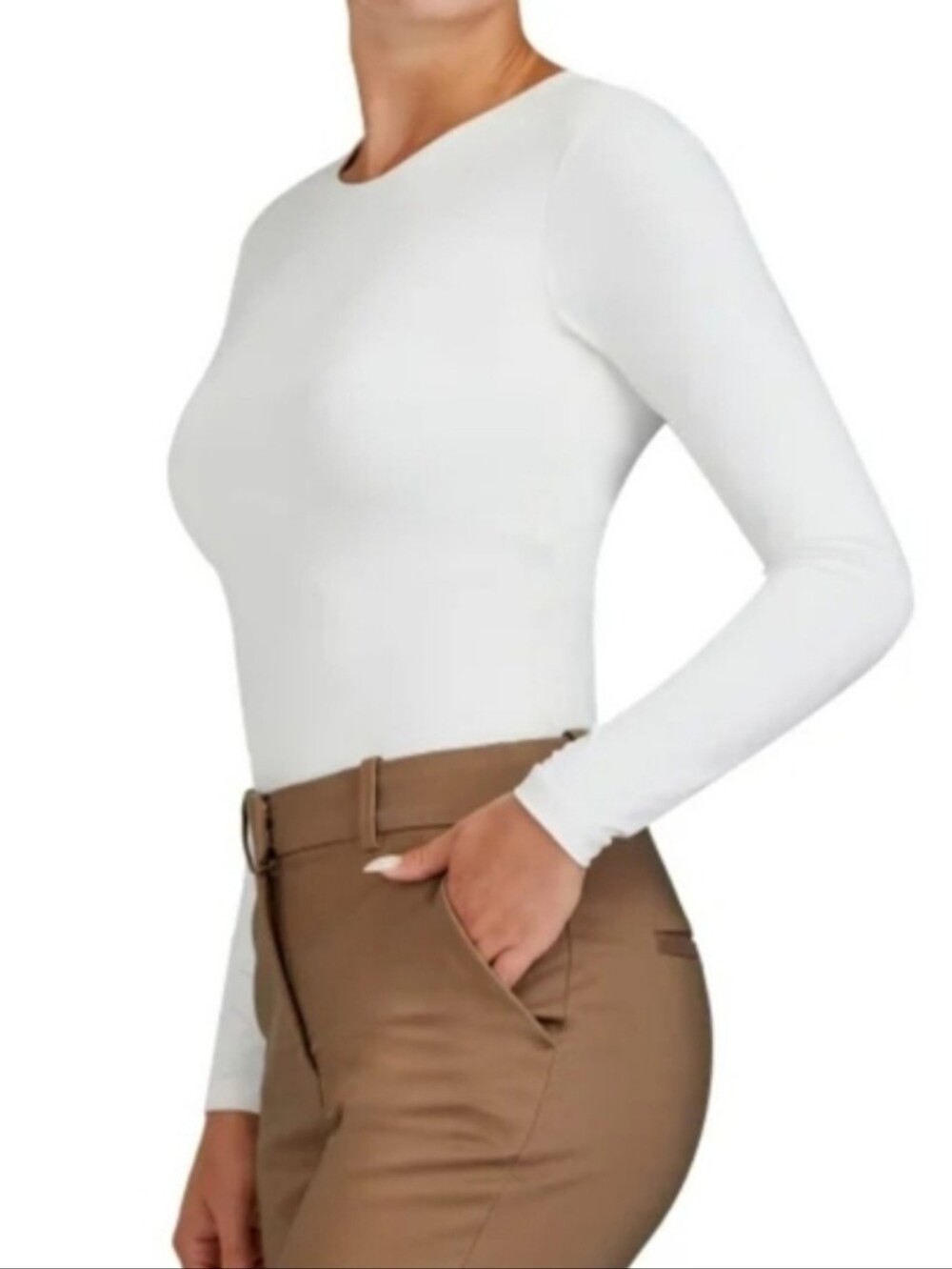 Frank and Oak Womens Long Sleeved Smoothing Tee Size XS Cream Neutral Fitted